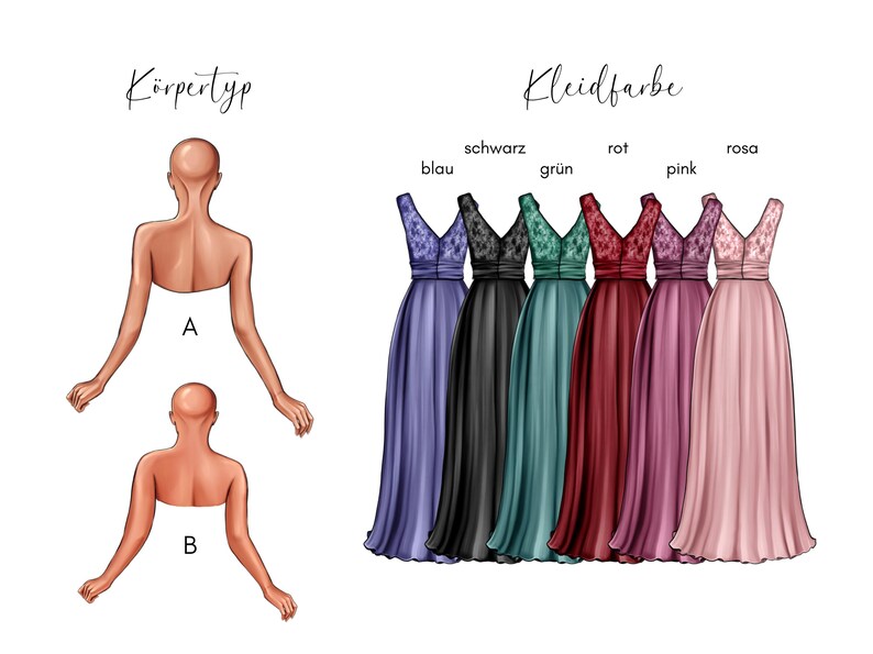 May include: Illustration of six long, V-neck dresses in various colors: blue, black, teal, burgundy, pink, and rose. The dresses have lace detailing on the bodice. The image also includes two body type illustrations and the German words "K&ouml;rpertyp" and "Kleidfarbe".