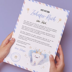Carta personalizable del Hada de los Dientes para imprimir tú mismo - Regalo del Hada de los Dientes para niños que incluye carta y calendario de dientes en azul