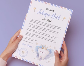 Personalized letter from the Tooth Fairy for self-printing - Tooth Fairy gift for children including letter and tooth calendar in blue