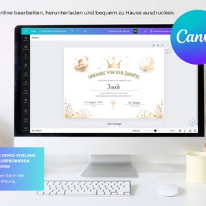 Puede incluir: Una pantalla de ordenador que muestra una plantilla de certificado imprimible para el primer diente de leche perdido de un ni&ntilde;o. El certificado est&aacute; decorado con un fondo de acuarela de estrellas, lunas y flores. El texto del certificado dice "Urkunde von der Zahnfee" y "Jacob". El certificado est&aacute; dise&ntilde;ado en Canva.