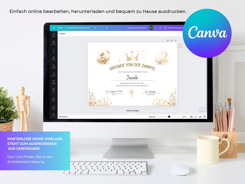Puede incluir: Una pantalla de ordenador que muestra una plantilla de certificado imprimible para el primer diente de leche perdido de un ni&ntilde;o. El certificado est&aacute; decorado con un fondo de acuarela de estrellas, lunas y flores. El texto del certificado dice "Urkunde von der Zahnfee" y "Jacob". El certificado est&aacute; dise&ntilde;ado en Canva.