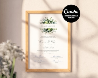 Personalisierte Trauurkunde Vorlage für freie Trauungen und Standesamt - Zum Ausdrucken und selber personalisieren in Canva | Hochzeit