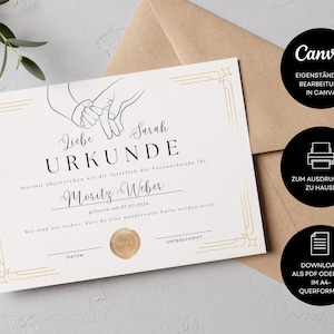 May include: A printable certificate with a gold border and a hand-drawn illustration of two hands holding each other. The text reads "Liebe Sarah URKUNDE" and "Moritz Weber geboren am 07.02.2024."