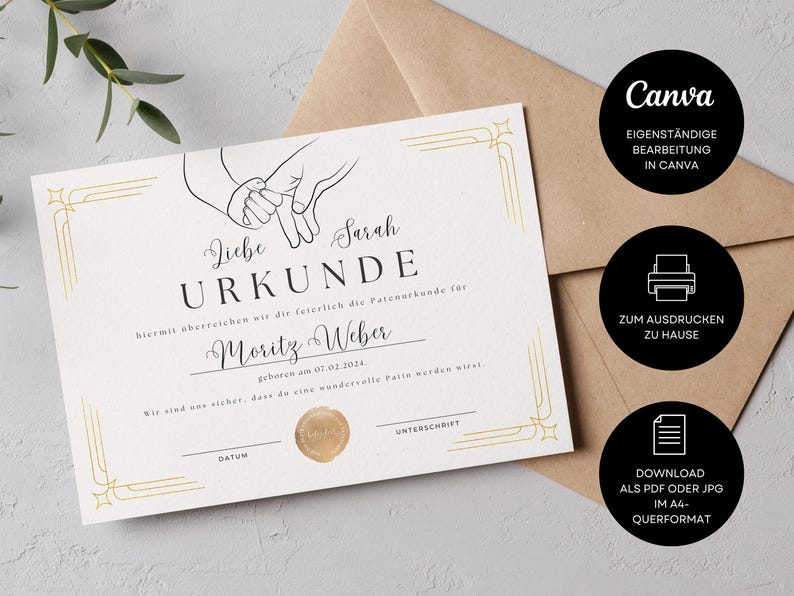 May include: A printable certificate with a gold border and a hand-drawn illustration of two hands holding each other. The text reads "Liebe Sarah URKUNDE" and "Moritz Weber geboren am 07.02.2024."