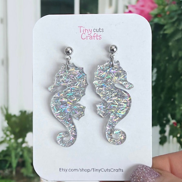 Seahorse glitter earrings | Beach earrings | holographic earrings | tropical jewelry | coastal jewelry | Beach lovers gift | vacation