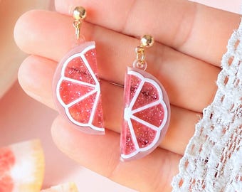 Grapefruit Slice Earrings: pink citrus acrylic dangles for summer outfits and playful fruit jewelry