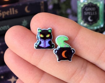 Halloween Cat Stud Earrings,  Cauldron Acrylic Halloween goth Jewelry