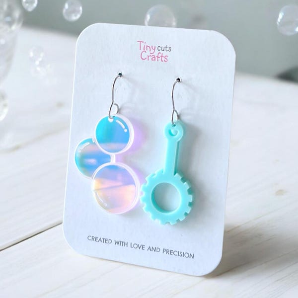 Mismatched Bubble & Wand Earrings: Holographic Acrylic, Stainless Steel