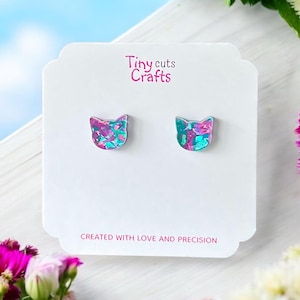 Glitter Cat Stud Earrings: Iridescent Acrylic Jewelry