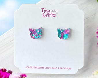 Glitter Cat Stud Earrings: Iridescent Acrylic Jewelry