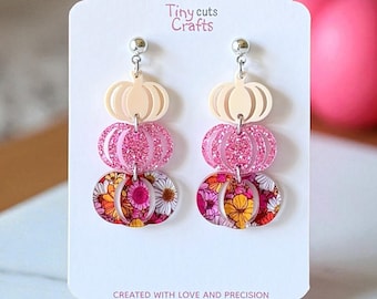 Floral Pumpkin Earrings: Pink Glitter Acrylic Dangles, Hypoallergenic