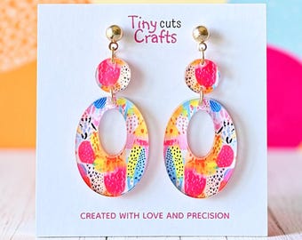 Abstract Oval Earrings: colorful acrylic statement dangles with playful artistic summer pattern