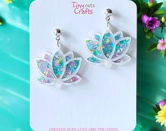 Lotus Flower Earrings | Glitter Lotus Dangles | Spiritual Jewelry | Festival Earrings Boho | Gift for Her | Yoga Jewelry | Chakra gift