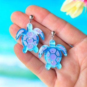 Turtle Earrings, Sea Turtle Earrings, Tropical Beach Jewelry, Ocean Summer Earrings, Fun quirky Earrings, Glitter Earrings, Gift for Her