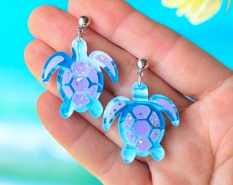 Glitter Sea Turtle Earrings: Acrylic Ocean Beach Jewelry