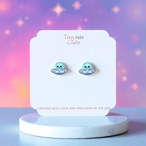 Cute spaceship earrings alien UFO studs fun galaxy jewelry tiny earrings .56 x .40 in