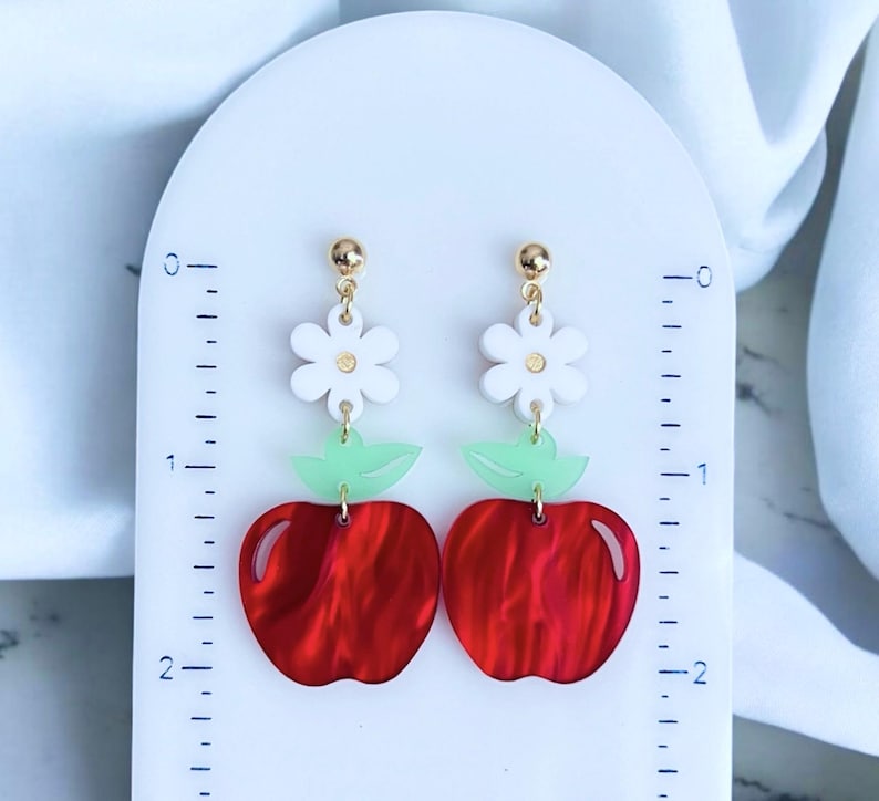 Charming red apple earrings, daisy accents, ideal gift for teachers, summer earrings, playful design, lightweight, acrylic, stainless steel, 2.30" x 2.10" x 0.95"