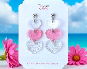 Pink Glitter Heart Dangle Earrings: Valentine's Day Acrylic Jewelry