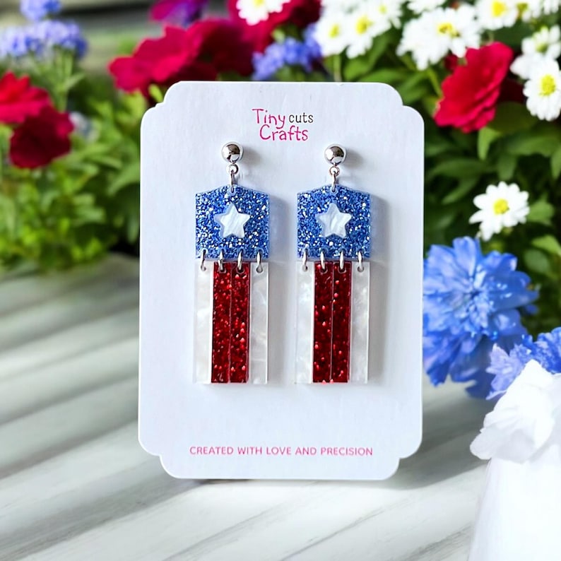 Fourth of July earrings with dangling stripes and star top, glitter acrylic patriotic earrings, festive summer jewelry, 2 to 2.25 inches