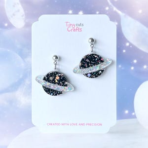 Planet Earrings | Space Earrings | Holographic Saturn Dangles | Cosmic galaxy Jewelry | SciFi Earrings | Glitter Earrings | Gift for Her
