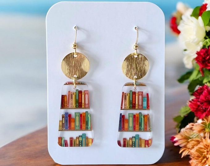 Book Earrings: Acrylic Trapezoid with Brass Disc - Gift for Book Lovers