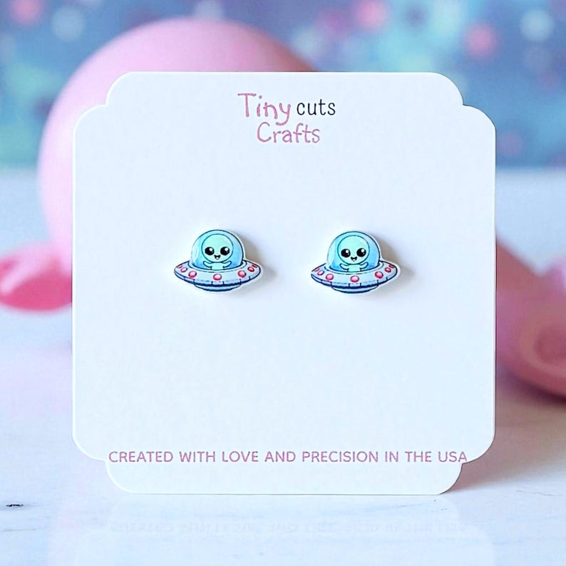 Alien UFO stud earrings cute space themed jewelry small sci fi studs fun alien spaceship design .56 x .40 in