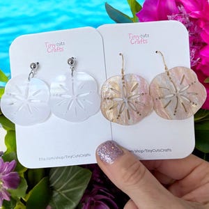 Sand Dollar Earrings: Shimmering Pearl or Peach Acrylic, Stainless Steel Findings