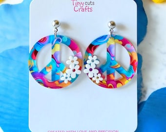 Peace Sign Earrings: Rainbow Acrylic Flower Power 70s Dangles
