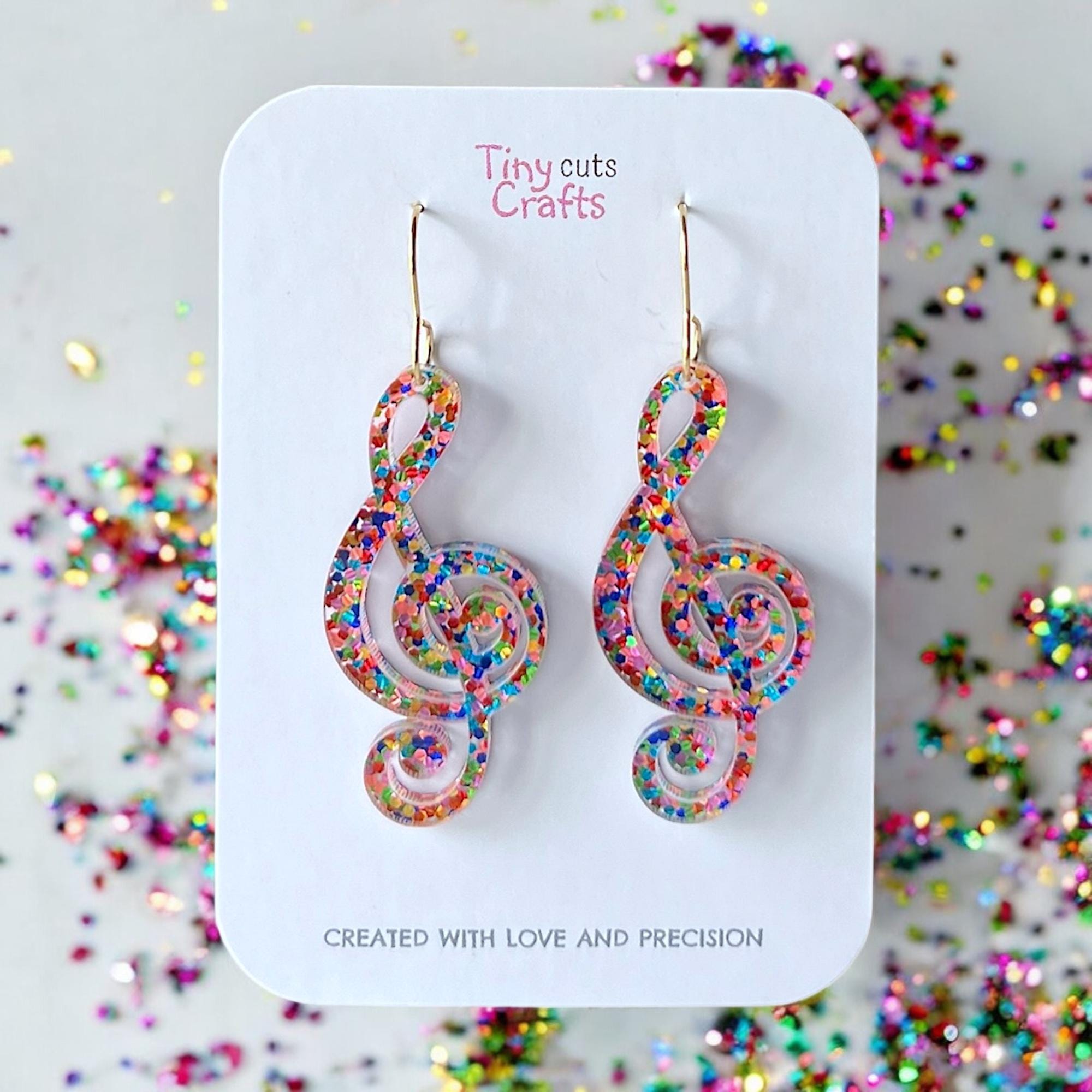 Glitter Treble Clef Earrings: Confetti Acrylic Music Jewelry