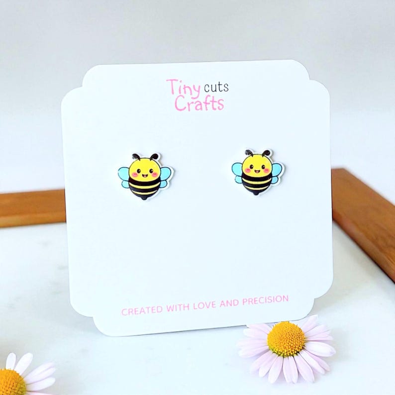Bee stud earrings small resin coated acrylic with smiling face insect design, hypoallergenic posts safe for sensitive ears kawaii cute jewelry