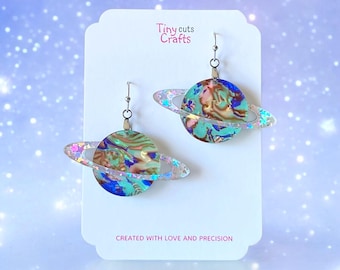 Saturn Dangle Earrings: Holographic Galaxy Planet, Stainless Steel