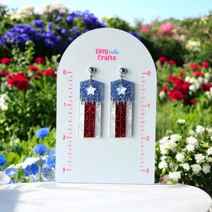 Red glitter and pearl white acrylic earrings with blue sparkly top, American flag inspired jewelry, gift for her, 2 to 2.25 inches