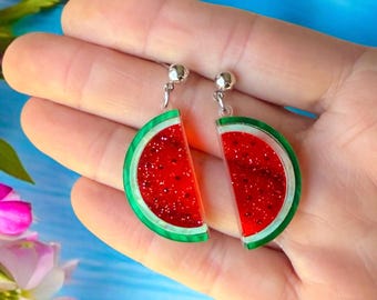Watermelon Earrings, Glitter Fruit Earrings, Summer Kawaii Food Earrings, Acrylic Watermelon Dangles, tropical Fun Earrings, Gift for Her