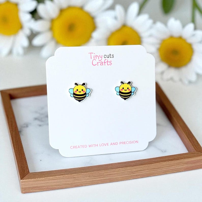 Fun bee earrings acrylic studs resin gloss finish, kawaii insect jewelry hypoallergenic posts unique everyday gift for her spring summer style
