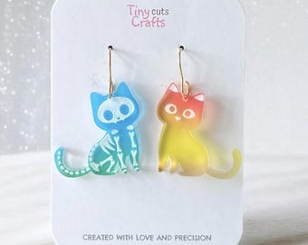 Skeleton cat earrings | Halloween earrings | Colorful Ombre earrings | fall gift | gift for mom | cat lady gift | cat lovers | Gift for her
