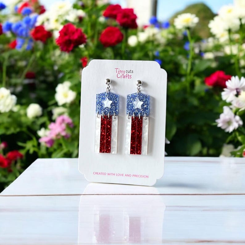 Sparkly USA earrings in red, white, and blue with white star detail, fun statement earrings for patriotic holidays, 2 to 2.25 inches