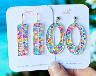 Confetti Polka Dot Dangle Earrings: Colorful Acrylic Bar, Stainless Steel