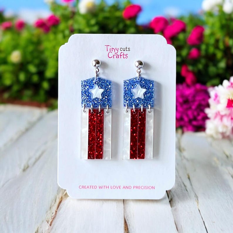 Glitter 4th of July earrings with red sparkles and white star accent, fun flag earrings for celebration, 2 to 2.25 inches