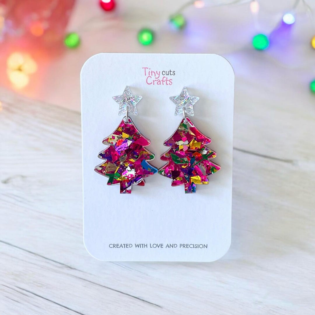 Pink Christmas Tree Earrings Chunky Blue Glitter Earrings Christmas