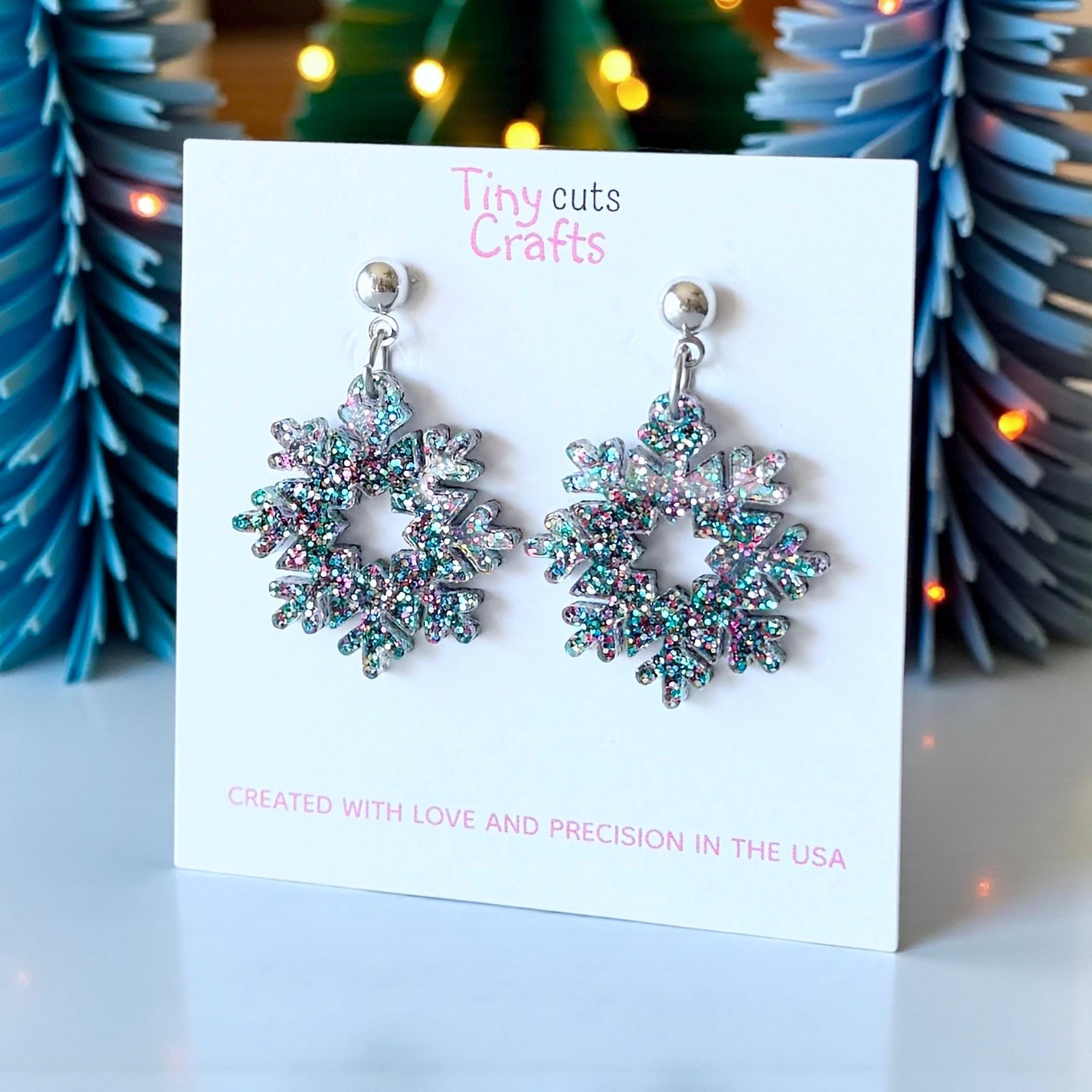Snowflake Wreath Earrings: Sparkly Winter Dangle Earrings, Festive ...