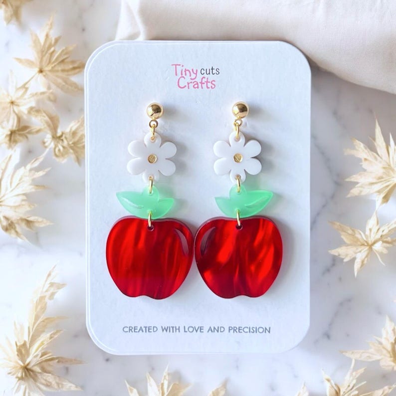 Red apple earrings, daisy design, perfect teacher gift, summer accessories, fun earrings, lightweight, vibrant style, unique fashion, acrylic, stainless steel, 2.30" x 2.10" x 0.95".