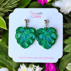 Green Monstera Leaf Earrings: Tropical Acrylic Summer Jewelry