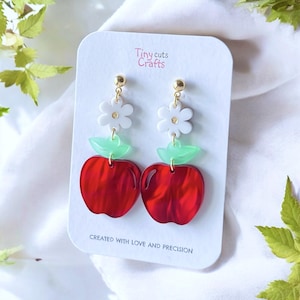 Fashionable red apple earrings, daisy design, great teacher gift, summer fun, lightweight, unique fashion, acrylic, stainless steel, 2.30" x 2.10" x 0.95".
