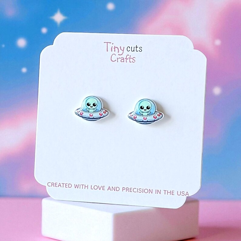 UFO earrings tiny alien studs playful space jewelry for everyday wear .56 x .40 in
