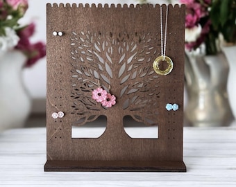 Tree Jewelry Organizer: Wooden Earring Necklace Display Stand