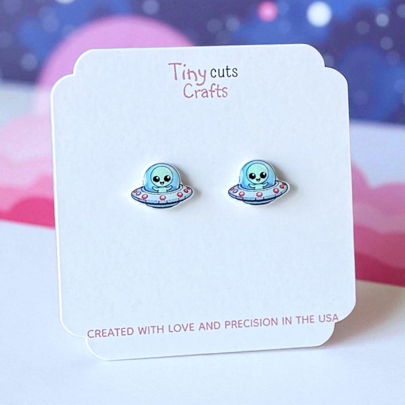 Cute alien earrings UFO stud earrings cosmic jewelry for sci fi lovers lightweight studs .56 x .40 in