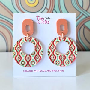 Mod Hoop Stud Earrings: peach and mint retro acrylic circles with groovy pattern