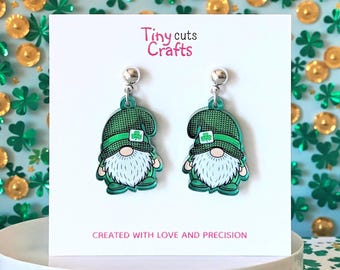 St. Patrick’s Gnome Earrings: green hat shamrock gnome acrylic dangles