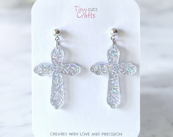 Iridescent Cross Earrings | Spiritual Jewelry | Holographic Dangle Earrings | Gift for Her | Faith-Inspired Earrings | Christian Earrings
