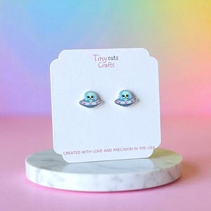 Space earrings UFO alien studs galaxy jewelry tiny spaceship earrings gift idea .56 x .40 in